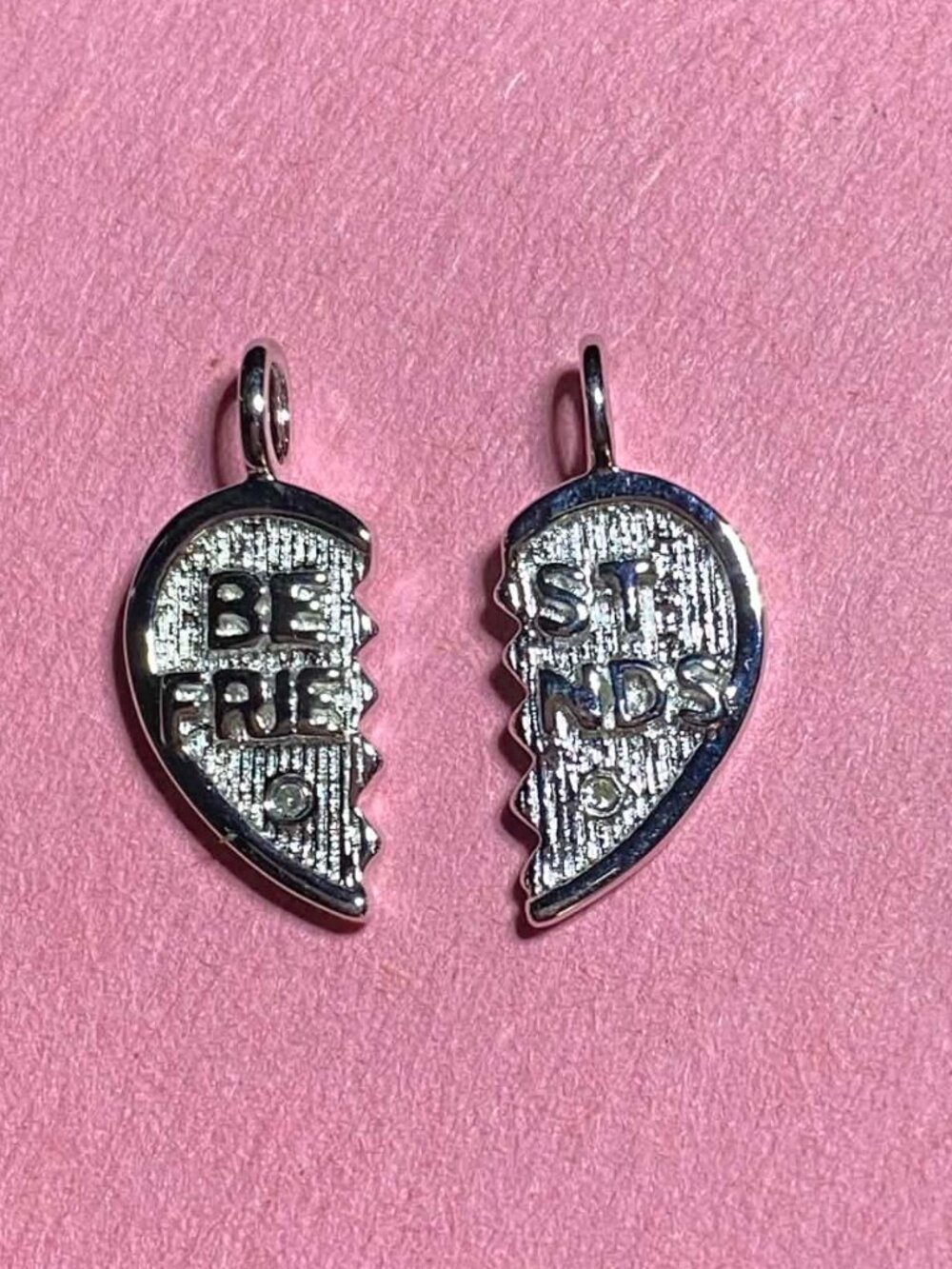 .925 Rhodium plated Best Friend Heart charm brake in half pendant with CZ